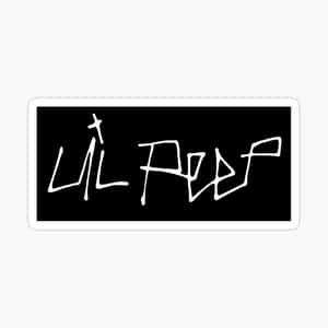 貼紙，黑色背景上以白色塗鴉風格文字顯示「Lil Peep」。