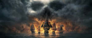 軍艦在燃燒的爆炸和暴風雨中交戰。
