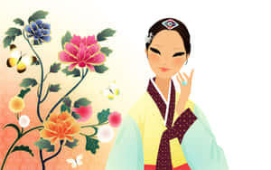 一位穿著傳統韓國服飾的女士站在盛開的花朵和蝴蝶旁邊。