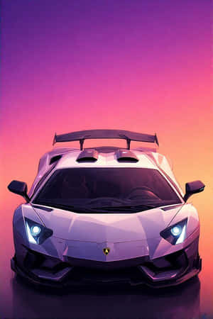白色林寶堅尼 Aventador SVJ 車頭燈發光，襯托紫色橙色日落天空。 — 現代 壁紙