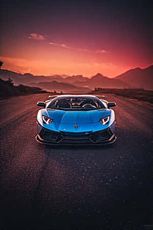 日落時分山路上的藍色林寶堅尼 Aventador SVJ Roadster — 現代 壁紙