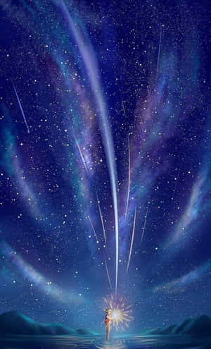 在宇宙夜空的流星下手持煙花棒的人。