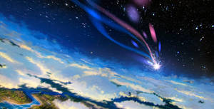 一顆明亮的流星在發光的地球景觀上空劃過星空。
