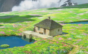 背景有山脈的彩色野花田中的池塘旁的石頭小屋。 — 城堡 壁紙