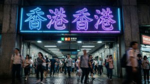 繁華的香港地鐵站入口上方，霓虹燈招牌熠熠生輝，行人穿梭於濕漉漉的街道上。