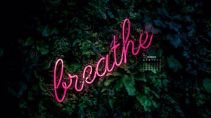 霓虹燈牌寫著 breathe，在深綠色樹葉中，附有一月日曆。 — 霓虹 壁紙
