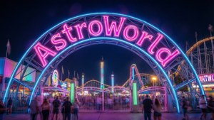 夜晚Astroworld絢爛霓虹入口大門，引人入勝且如夢似幻 — Astroworld GIF 壁紙
