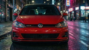 紅色福士 Golf R 在夜間霓虹燈下停泊在濕漉漉的市區街道上