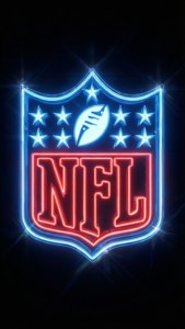 霓虹NFL標誌，帶有藍色星星和紅色字母，在黑暗背景上發光。