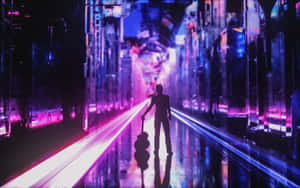 一個手持結他的人在夜晚穿過一條霓虹燈照亮的未來城市街道的剪影。