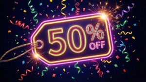 霓虹燈優惠標籤，50%折扣，周圍環繞著五彩紙屑和火花。