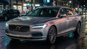 銀色富豪房車停在濕漉漉的夜街上，帶有霓虹反射。