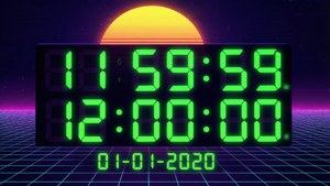 綠色數字時鐘在復古網格上顯示新年倒數，背景為日落