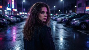 濕髮女性在霓虹燈下，站在雨夜的都市街道上。