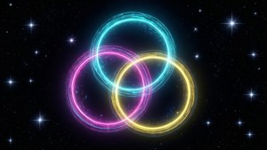 三個發光霓虹環漂浮在星空宇宙場景中。