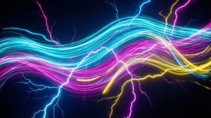 在深色背景上，鮮豔色彩的電光霓虹閃電條紋。