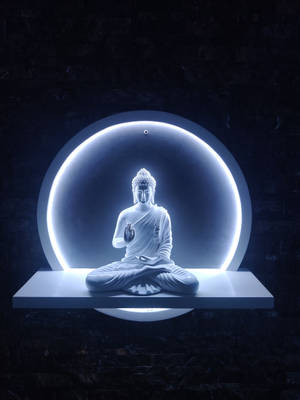 白色佛像在黑暗房間中於發光藍色光環下冥想。