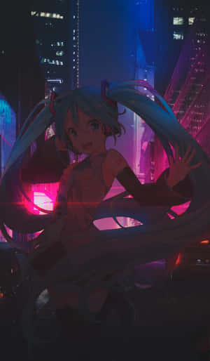 動畫女孩紮著青色雙馬尾，在夜晚霓虹燈閃爍的賽博龐克城市中跳舞。