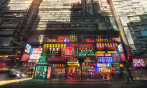 夜晚霓虹燈照亮都市街道，人群與發光招牌。