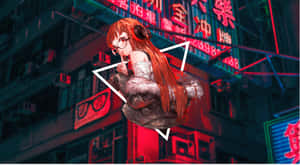 紅髮戴眼鏡的動漫女孩漂浮在夜晚的霓虹城市中。