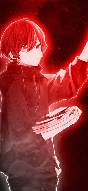 紅髮動漫男孩在紅色發光燈光下抱著書。