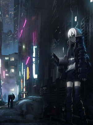 動漫女孩穿著深色外套站在夜晚霓虹燈閃爍的小巷中