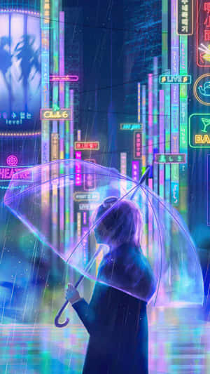 紫色頭髮的人，在夜晚霓虹燈照亮的雨城中撐著發光的雨傘。 — 霓虹 壁紙