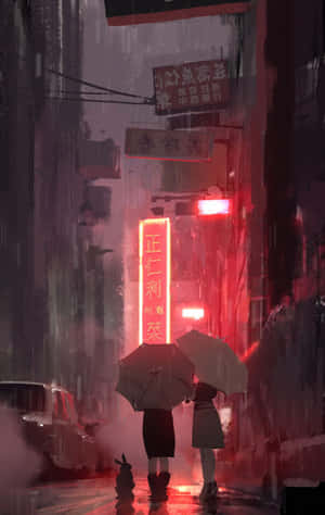兩個撐著雨傘的人在夜晚穿過一條下雨的霓虹燈小巷。