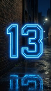 藍色霓虹數字13在磚牆上，夜間濕路面倒影。