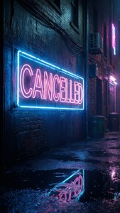 寫著「cancelled」的霓虹燈牌在夜間濕漉漉的小巷路面上反射