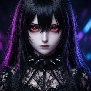 哥德式動漫女孩，紅眼睛，黑色蕾絲服裝，霓虹燈環境