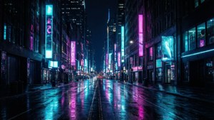 夜間潮濕的城市街道，霓虹燈光在人行道上閃爍反射。