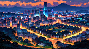 黃昏時分發光的城市，高樓大廈、蜿蜒的道路和背景中的山脈。