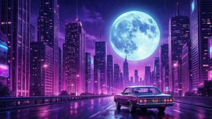蒸氣波風格的城市景觀，配以霓虹燈和復古汽車。 — 蒸氣波 GIF 壁紙