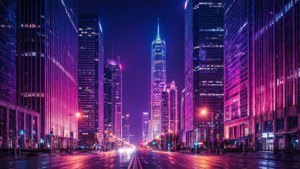 未來城市街道夜景，發光的摩天大樓和濕漉漉的人行道反射著霓虹燈光。 — 漸變色 壁紙