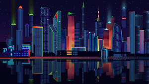 霓虹城市天際線在夜間倒映在水中，發光的摩天大樓。 — 霓虹美學 壁紙