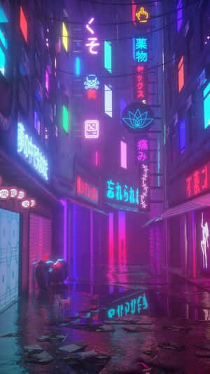 夜晚霓虹燈照亮賽博龐克小巷，帶有雨水倒影和發光招牌。 — 霓虹城市 壁紙