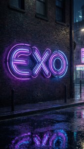 夜晚潮濕的磚牆上寫有EXO的霓虹燈牌，路面有倒影。