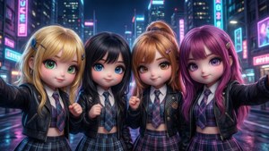四個動漫女孩穿著校服在雨夜的霓虹城市街道上自拍。