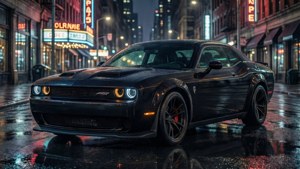 黑色Dodge Challenger SRT Hellcat在夜間濕漉漉的城市街道上，在霓虹燈下停泊