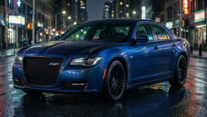 藍色 Chrysler 轎車夜間停在潮濕的城市街道上，帶有霓虹反射