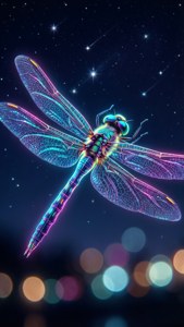 霓虹蜻蜓在星星下飛翔，下方有模糊的城市燈光。 — 蜻蜓 壁紙