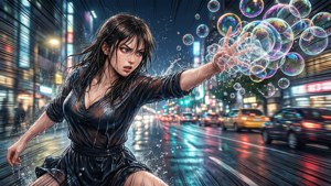 黑裙女人在雨夜霓虹城中創造彩色泡泡。