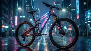 夜間潮濕的城市街道上，一輛發光的山地自行車，霓虹燈反射在人行道上。