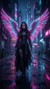一位穿著深色衣服的有翼女性在夜晚走過霓虹燈照亮的雨城市街道。