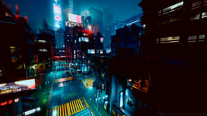 霓虹燈照亮的賽博朋克城市街道，夜晚有發光的標誌和雨水濕滑的瀝青路面。