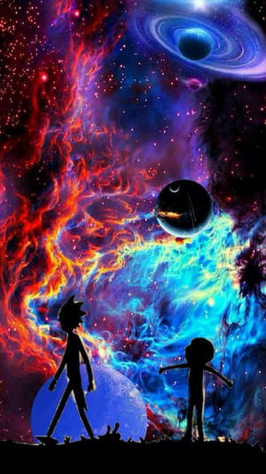兩個剪影人物以一個帶有黑洞和星星的彩色宇宙星雲為背景。