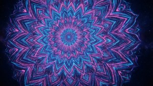 鮮豔的霓虹藍色和粉紅色曼陀羅在繁星點點的太空背景中發光