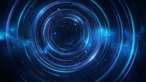 在深邃太空中，一個由發光藍色和紫色環旋轉而成的宇宙漩渦。