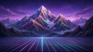 星空下嘅霓虹山脈同閃爍嘅網格地板。 — Outrun 壁紙